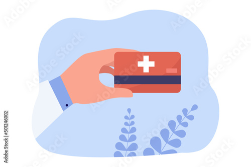 Doctors hand holding medical insurance plastic card. Treatment and care for person in hospital flat vector illustration. Healthcare service concept for banner, website design or landing web page