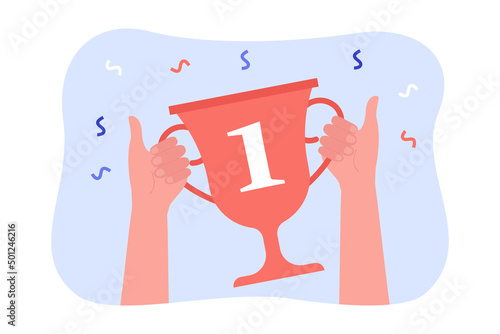 Hands of winner holding goblet trophy for victory. Success of person winning first place in competition flat vector illustration. Award, prize concept for banner, website design or landing web page