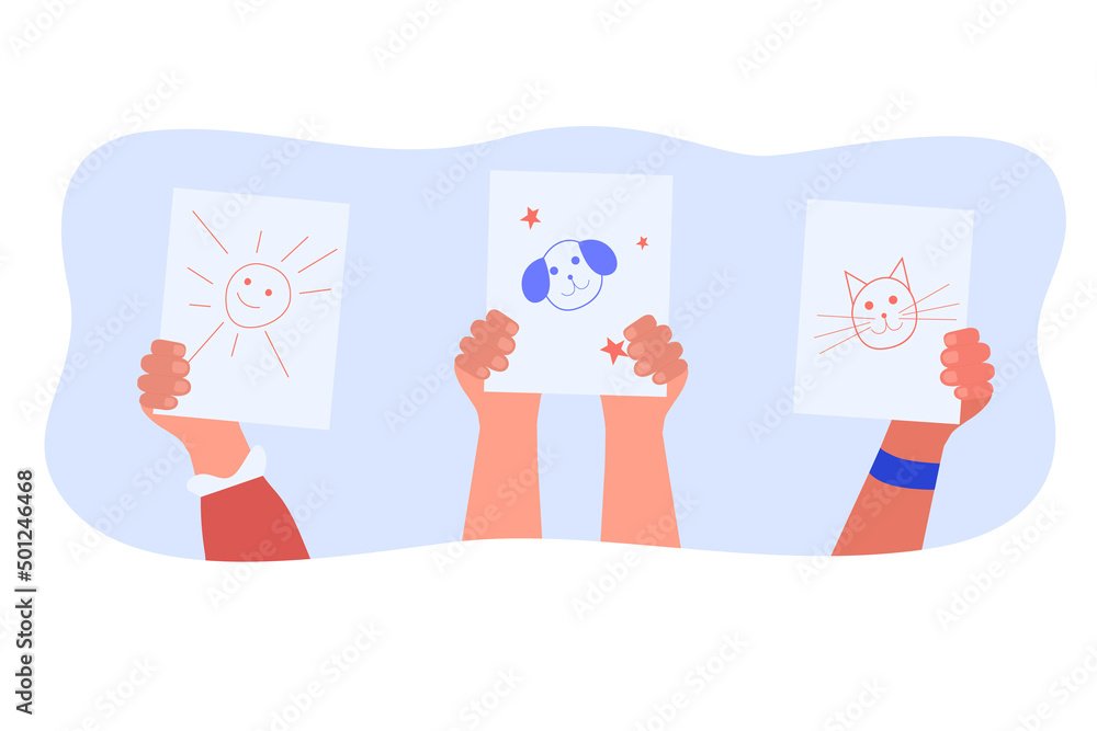 Hands of little artists holding up cute kids pencil drawings. Children learning to draw on paper flat vector illustration. Kindergarten, art concept for banner, website design or landing web page Hands of little artists holding up cute kids pencil drawings. Children learning to draw on paper flat vector illustration. Kindergarten, art concept for banner, website design or landing web page
