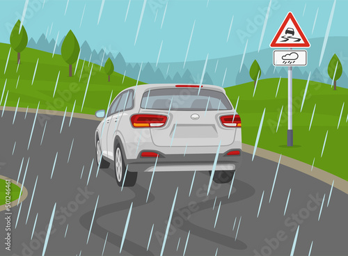 Safe car driving rules and tips. Driving on a rainy and slippery road. Skidded white suv car on the wet road. Flat vector illustration template.