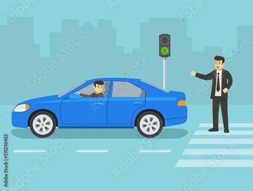 Angry male pedestrian yelling at car driver on crosswalk. Red light signal running car. Flat vector illustration template.