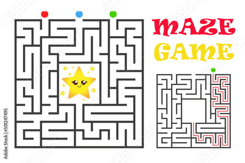 Square maze labyrinth game for kids. Labyrinth logic conundrum with star. Four entrance and one right way to go. Vector flat illustration