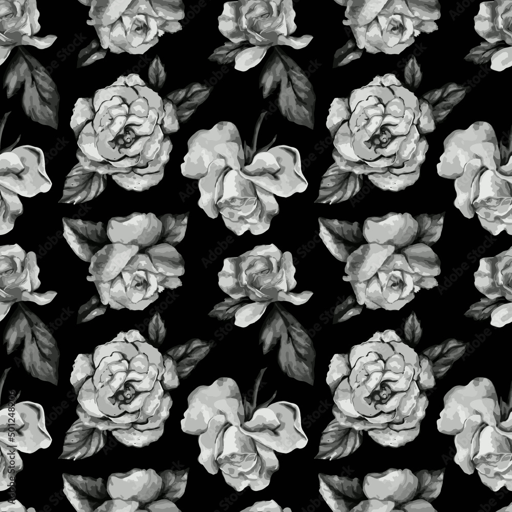 Fototapeta Black and white illustration of seamless pattern of tender roses with leaves