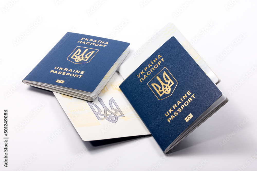Ukrainian biometric passports on a white background Ukrainian biometric passports on a white background