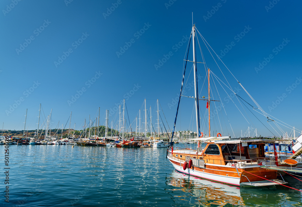 Scenic view of yachts moored in Milta Bodrum Marina, Turkey