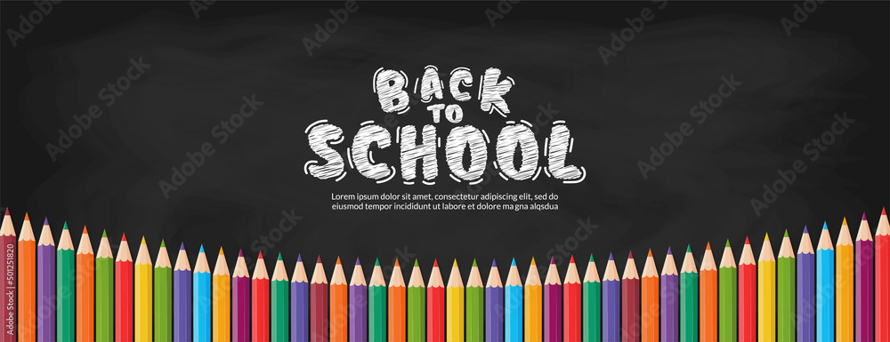 Fototapeta Colored pencils vector design banner, Back to school concept with colorful crayons background