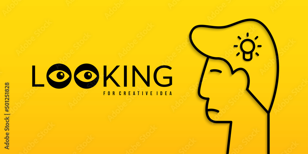 Looking for Ceative idea concept, Creative thinking with human head and light bulb on yellow background