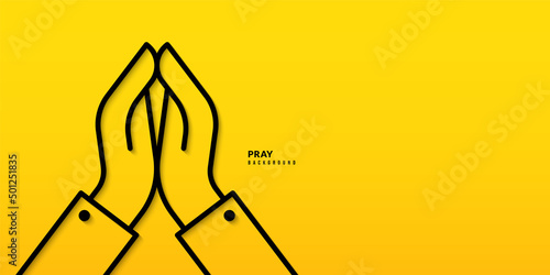 Hands folded in praying position line on yellow background. Prayer to god with faith and hope concept