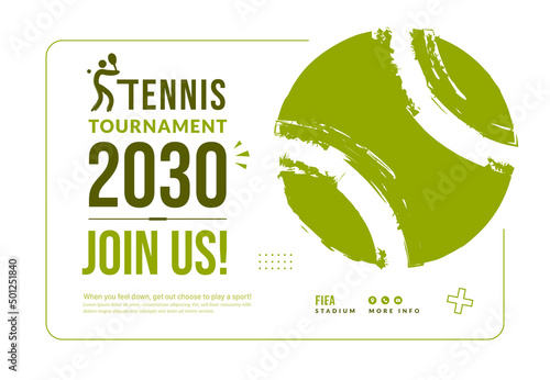 Tennis tournament poster template with ball isolated on white background, Minimal competition invitation in flat style