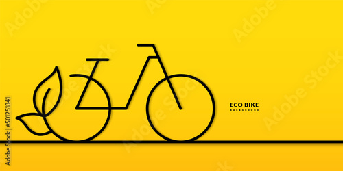 Minimal continuous line bike on yellow background, Cycling outside the city concept. Protection of nature and the environment.