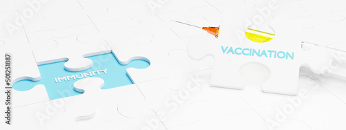 Vaccination puzzle with medical syringe. 3D Rendering