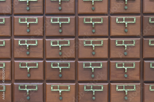 Wooden filing cabinet for document or cards and library accounting in past centuries