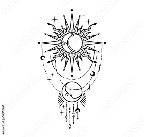 Mystical Sun and Moon, day and night isolated clip art on white, Boho celestial composition with magic space objects - black and white vector