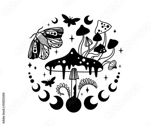 Mystical mushroom border clip art, magic hand drawn line mushrooms composition, amanita or fly agaric in a row, black and white vector
