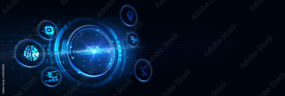 Concept of digitization of business processes and modern technology. Digital transformation. 3d illustration Concept of digitization of business processes and modern technology. Digital transformation. 3d illustration