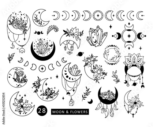 Mystical boho floral moon isolated cliparts bundle, celestial collection, moon and flowers set, magic line crescent moon, crystals, esoteric objects set - black and white vector