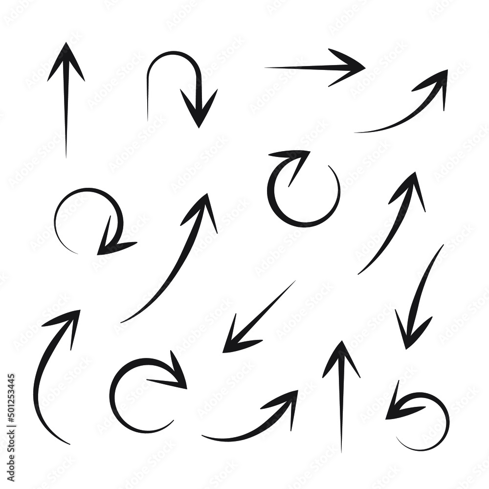 Arrows icons. Vector hand drawn set. Arrow sketch handmade doodle swipe up symbol sign isolated on white background. Simple logo design illustration. EPS 10 Arrows icons. Vector hand drawn set. Arrow sketch handmade doodle swipe up symbol sign isolated on white background. Simple logo design illustration. EPS 10