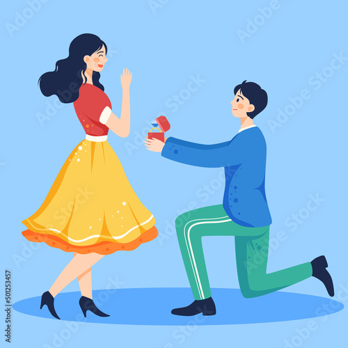 Boy proposes to girl on Valentine's day, romantic love, vector illustration