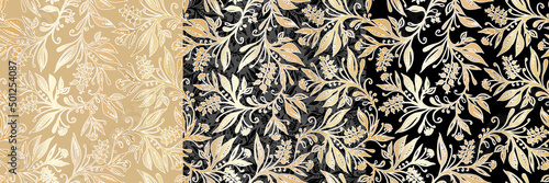 Three Floral seamless patterns with abstract leaves and berries in gold, black, beige and gray. Designs for wallpapers, textiles, fabrics.
