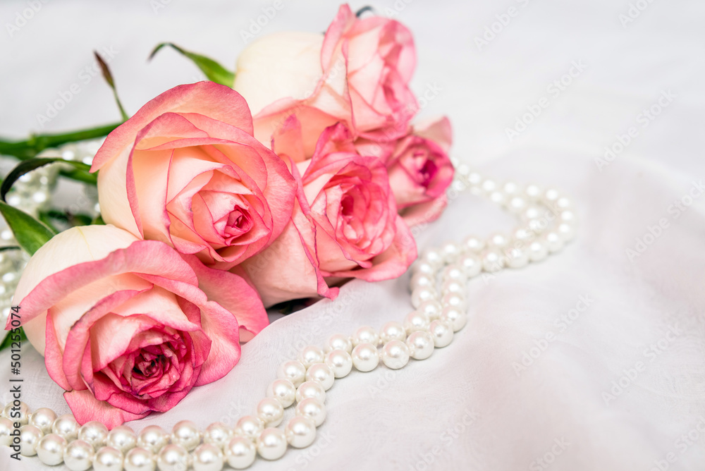 The branch of pink rose on white fabric background
The branch of pink rose on white fabric background