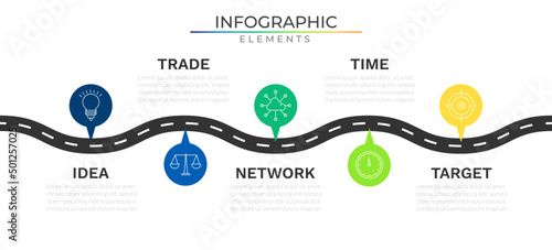 Roadmap timeline business infographic design vector with icons. Horizontal row five steps connect workflow network project template for presentation and report.	