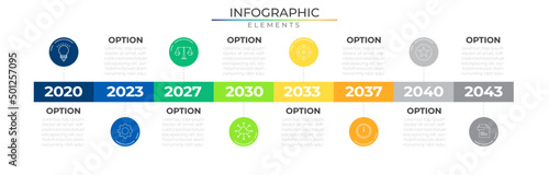 Annual timeline horizontal row business infographic elements plan concept design vector with icons. Workflow journey eight steps network project template for presentation and report.	
