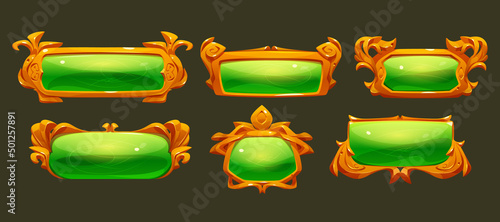 Game ui frames, green medieval borders with gold rims. Interface menu elements, buttons, banners or sign boards with golden ornate vignette and glass plaques. Empty royal gui bars Cartoon vector set