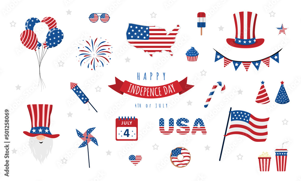 Set of icons for Independence Day of USA. Costumes and traditional elements for 4th of July celebration. National Freedom Day. Vector illustration in cartoon style. Set of icons for Independence Day of USA. Costumes and traditional elements for 4th of July celebration. National Freedom Day. Vector illustration in cartoon style.