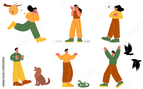 People afraid of spider, dog, mouse, snake, flying birds and bees. Vector flat illustration of zoophobia, animal phobia with scared men and women, in panic, fear