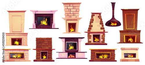 Fireplaces with burning fire isolated on white background. Vector cartoon set of different home hearth from marble, brick and iron with wood, flame, chimney and mantel