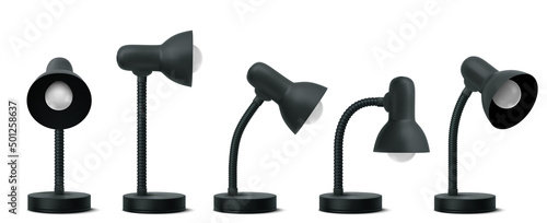 3d table lamp in different positions, black desk bulb of classic design. Electric work supply for reading, home decor and room illumination, isolated light equipment, Realistic vector illustration