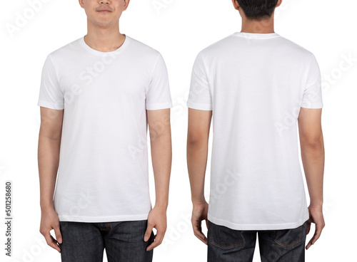 Young man in white T shirt mockup isolated on white background with clipping path.