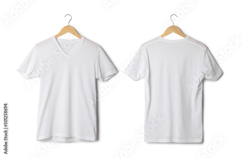 White T shirt mockup hanging isolated on white background with clipping path.