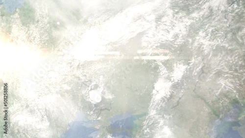 Earth zoom in from outer space to city. Zooming on Belgorod, Russia. The animation continues by zoom out through clouds and atmosphere into space. Images from NASA