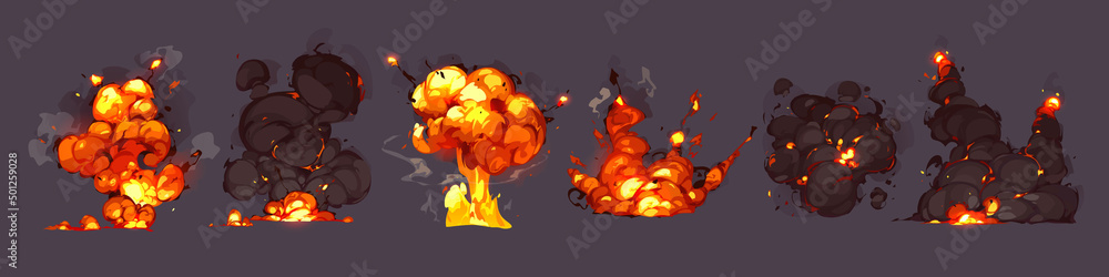 Bomb explosions, blasts with fire and black smoke clouds. Vector cartoon set of burst with flame and flash from dynamite, nuclear weapon or rocket hit isolated on background - obrazy, fototapety, plakaty 