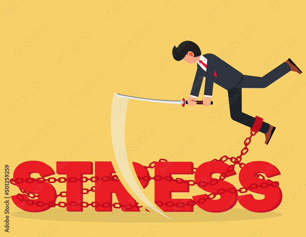 Concept of heavy stress. confident businessman uses a sword to fight stress. Concept of heavy stress. confident businessman uses a sword to fight stress.