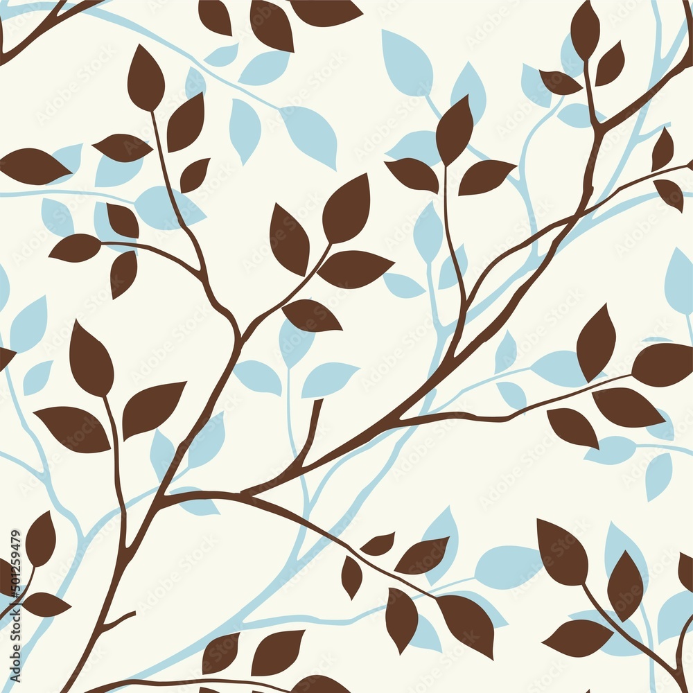 Abstract seamless pattern with decorative leaf silhouette. Brown and blue twigs on yellow background. Vector stock illustration
