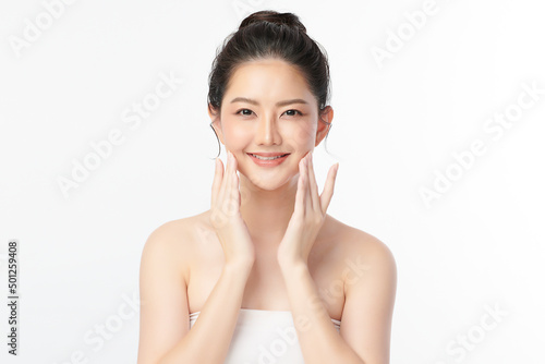 Beautiful young asian woman with clean fresh skin on white background, Face care, Facial treatment, Cosmetology, beauty and spa, Asian women portrait.