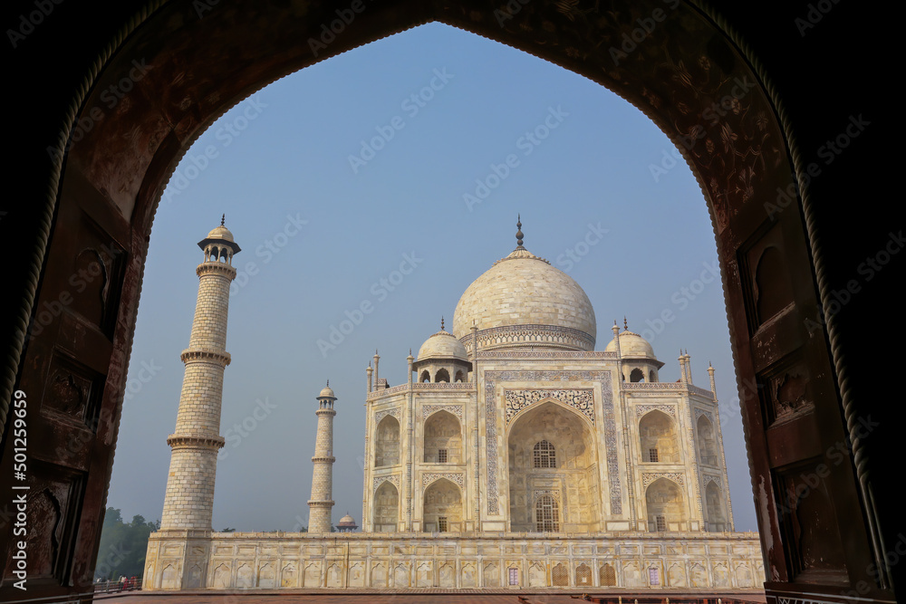 Taj Mahal framed with the arch of jawab, Agra, Uttar Pradesh, India