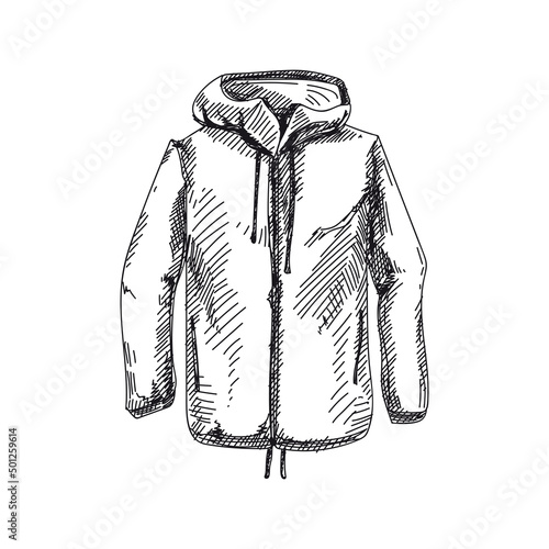 Waterproof jacket for hiking, retro black and white hand drawn illustration.