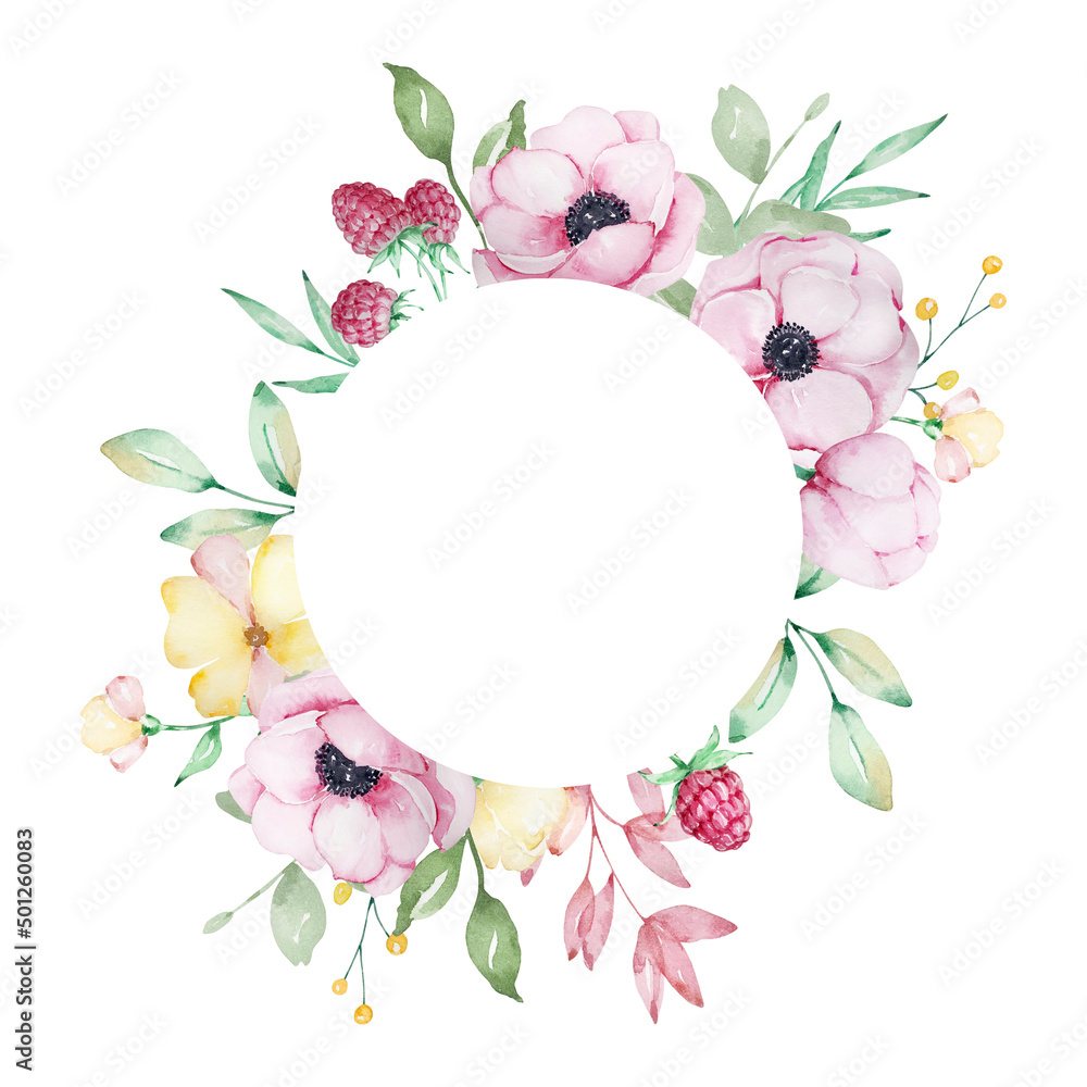 Watercolor round frame of pink anemones