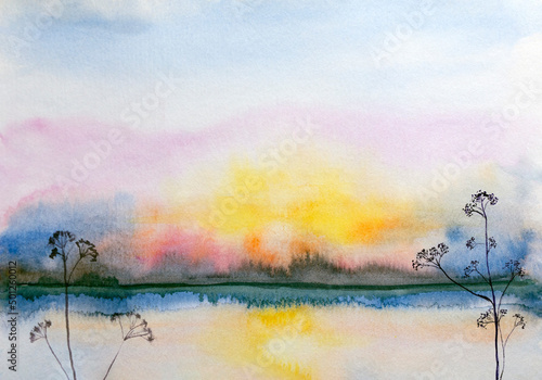 Blue watercolor illustration of multicolored sunset on sea with forest on horizon.