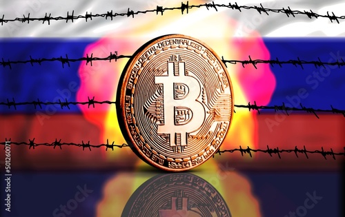 Fototapeta Physical bitcoin on Russian flag with barbed wire