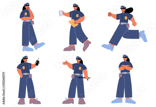Set of police woman officer, female cop at work. Policewoman wear uniform issue a fine, run, use walkie-talkie on duty. Girl city patrol constable fight with criminal Linear flat vector illustration