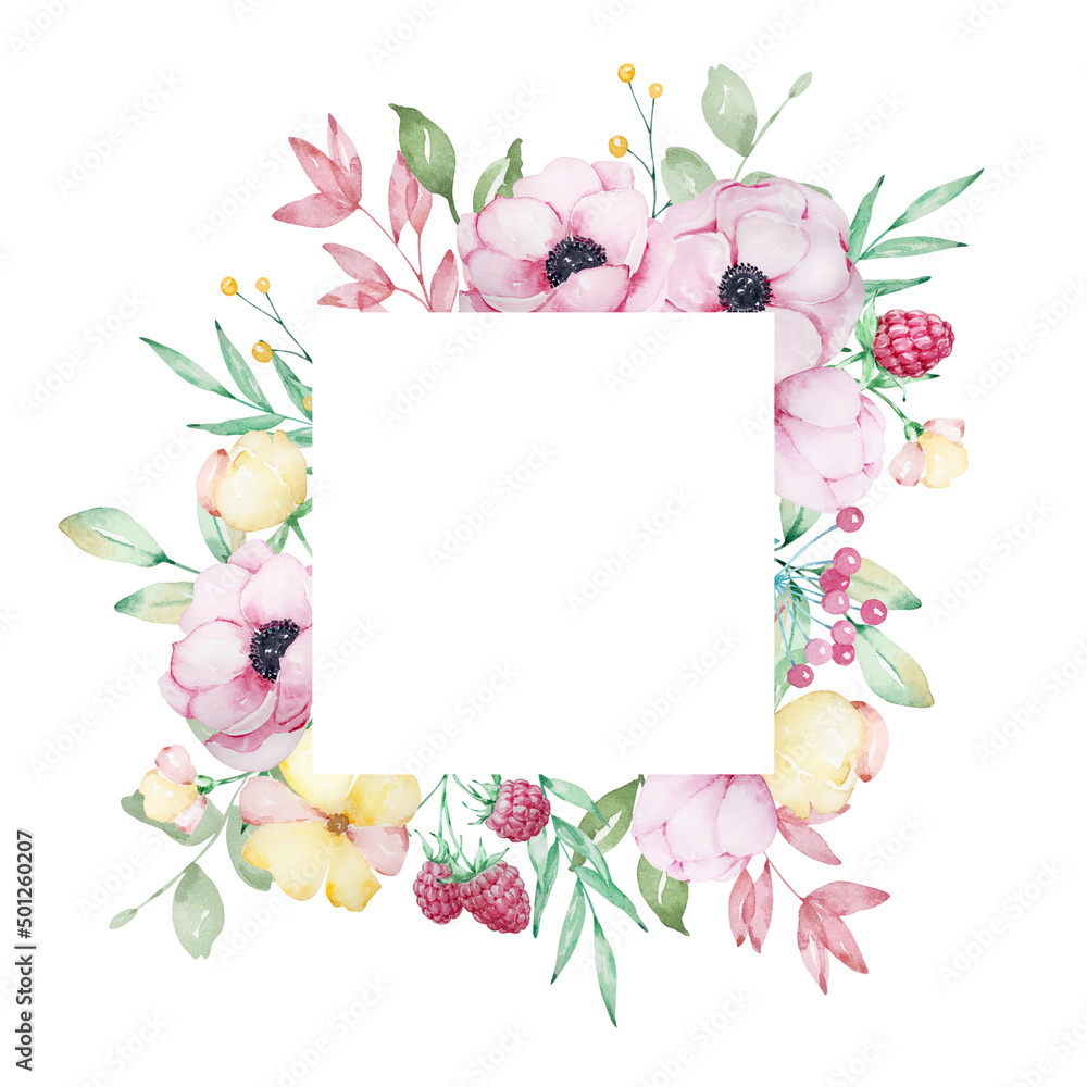 Naklejka premium Watercolor square frame of pink anemones