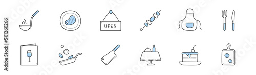 Doodle icons of restaurant, cafe, kitchen, cooking food. Vector outline sketch of wine menu, utensil, knife, frying pan, chef apron, open door tag, cutting board, cake, table and ladle