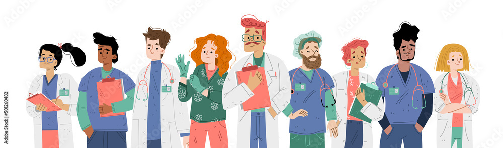 Hospital team with doctors and nurses in uniform. Vector flat illustration of group of happy people, professional medical staff in health clinic or medicine center Hospital team with doctors and nurses in uniform. Vector flat illustration of group of happy people, professional medical staff in health clinic or medicine center
