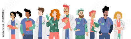 Hospital team with doctors and nurses in uniform. Vector flat illustration of group of happy people, professional medical staff in health clinic or medicine center