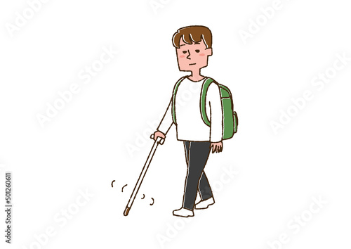 白杖を使いながら道を歩く男性　コミカルな手書きの人物　ベクター、温かみのある線画