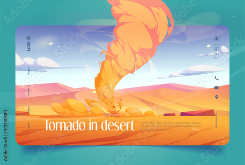 Tornado in desert banner. Sand whirlwind with air funnel. Vector landing page of dangerous weather phenomenon with cartoon desert landscape with yellow dunes and wind storm with dusty twister
